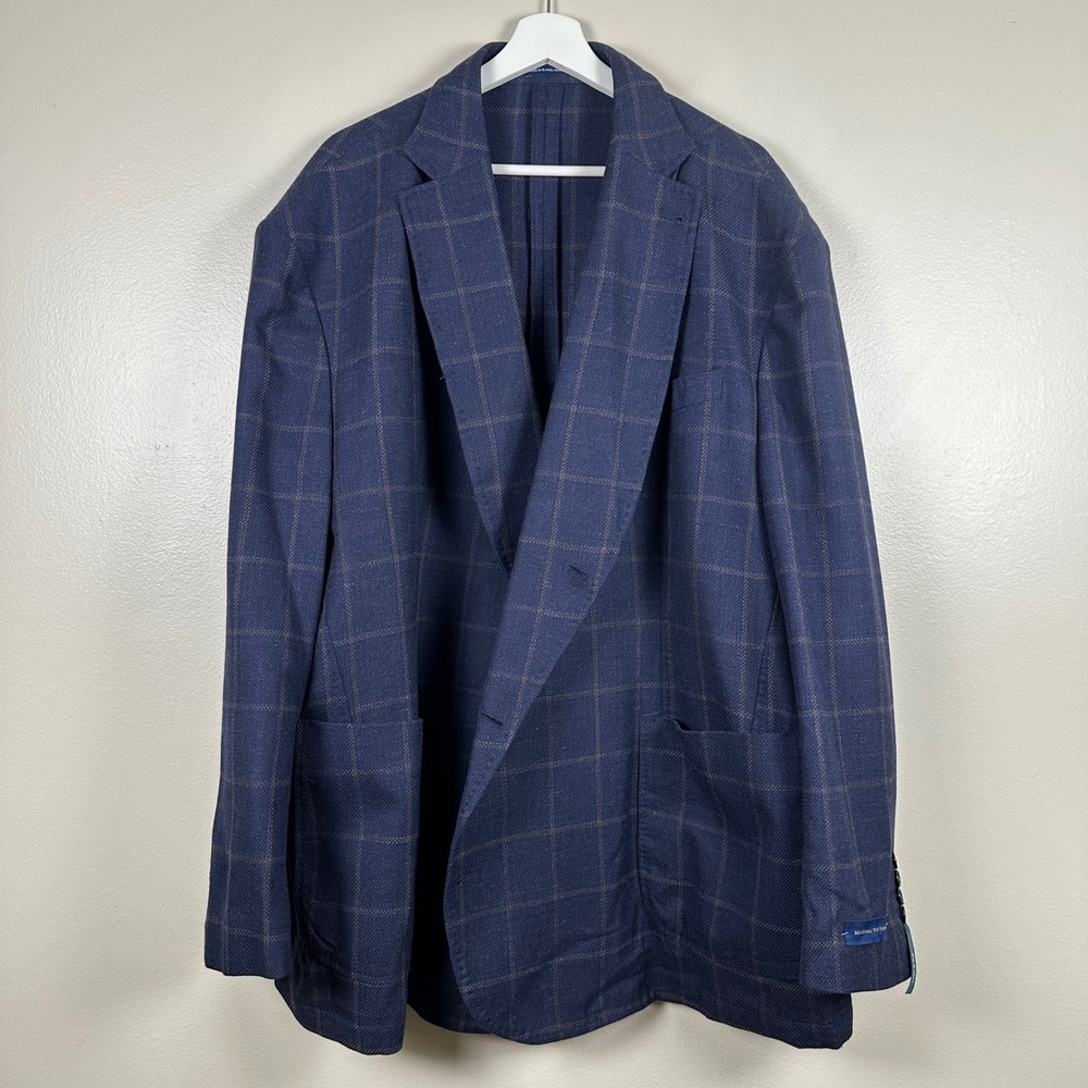 Stafford Men's 56R Sport Coat Navy Blue Windowpane Wool Blend Blazer NEW